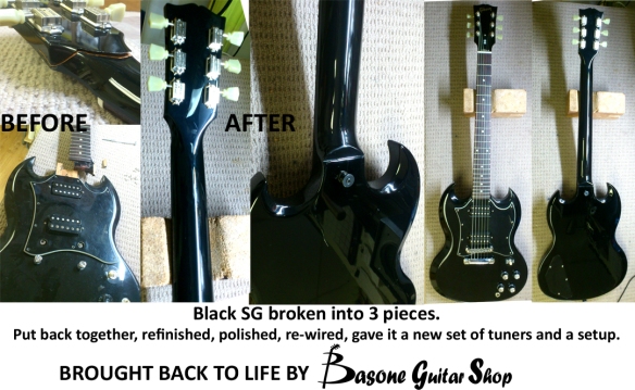 This SG was broken into 3 pieces, was fully repaired, refinished, re wired, upgraded and setup @ Basone Guitar Shop in Vancouver