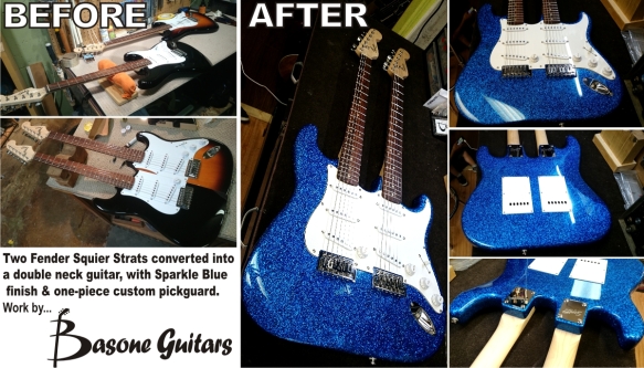 2 Fender Squier strat guitars converted into a double neck with Blue Diamond Sparkle finish